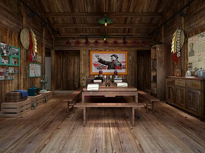 Traditional Chinese Interior With Wooden Walls Long Table Benches And Decorative Paintings 3d model