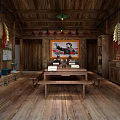 Traditional Chinese Interior With Wooden Walls Long Table Benches And Decorative Paintings