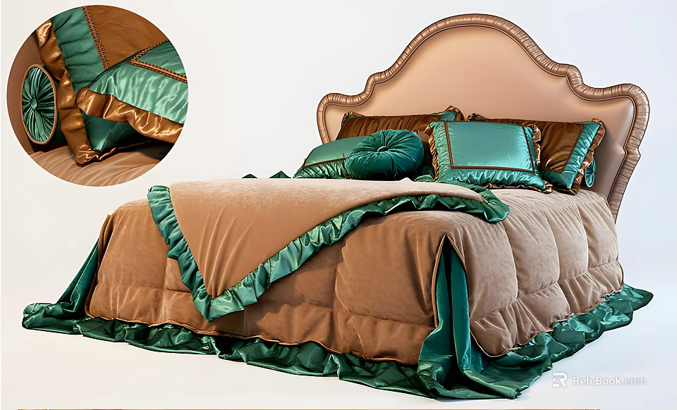Double Bed With Brown Green Velvet Quilt Decorative Pillows And Upholstered Headboard 3d model 