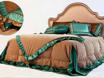 Double Bed With Brown Green Velvet Quilt Decorative Pillows And Upholstered Headboard 3d model