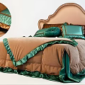 Double Bed With Brown Green Velvet Quilt Decorative Pillows And Upholstered Headboard