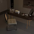 Modern Wooden Dressing Table With White Padded Chair Small Mirror Cosmetics And Indoor Plant