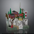 Miniature Scene Model Featuring Red Houses Green Trees Lighthouse Bridge Cave And Ladder