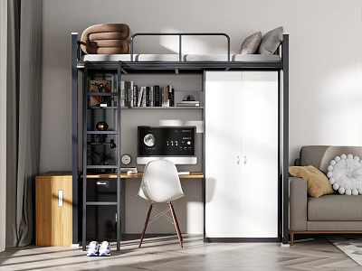 Modern Bunk Bed Interior with Desk Chair Bookshelf and Storage Cabinet 3d model