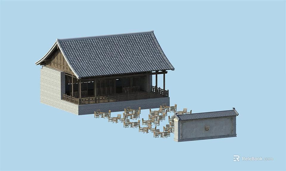 Traditional Ancient Architecture with Gray Tile Roof Wooden Veranda Small Enclosure and Chairs 3d model 