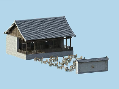 Traditional Ancient Architecture with Gray Tile Roof Wooden Veranda Small Enclosure and Chairs 3d model