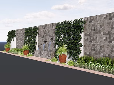 Feature Wall with Gray Stone Tiles Climbing Plants Water Fountain and Potted Plants Outdoor Pathway 3d model