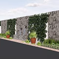 Feature Wall with Gray Stone Tiles Climbing Plants Water Fountain and Potted Plants Outdoor Pathway
