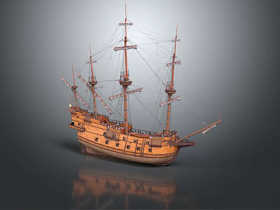 Vintage Wooden Sailing Ship Model with Multiple Masts Intricate Details and Reflection on Gray Background 3d model
