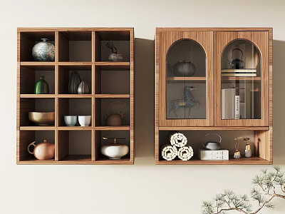 Wooden Display Cabinet Shelves With Glass Doors Multiple Compartments Holding Tea Sets And Ornaments 3d model