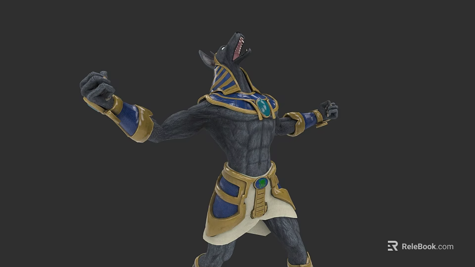 Wolf Headed Egyptian Inspired Game Character With Muscular Build Gold Blue Accents And Gemstone 3d model 