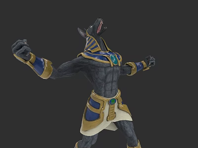 Wolf Headed Egyptian Inspired Game Character With Muscular Build Gold Blue Accents And Gemstone 3d model