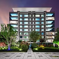 Modern Mid Rise Residential Apartment Buildings With Glass Facade Green Landscape And Trees