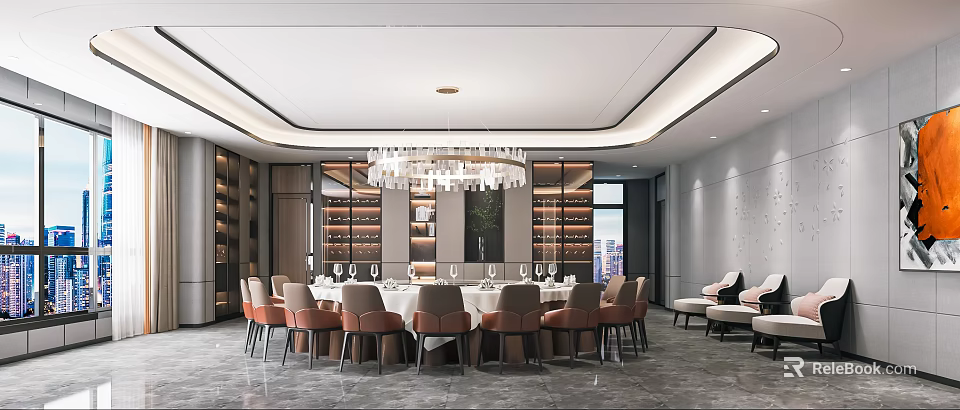 Modern Private Dining Room With Round Table White Tablecloth Brown Chairs And City View 3d model