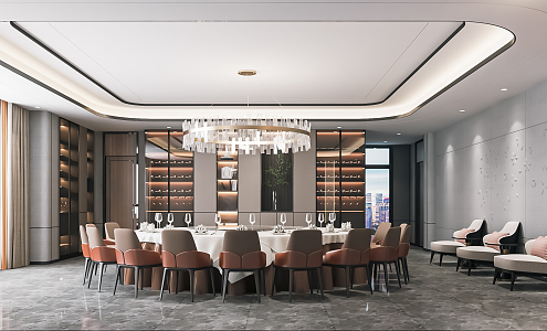 Modern private room hotel catering large box catering private room wine cabinet art chandelier round table and chair 3d model