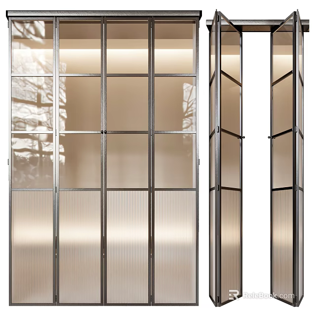 Modern Folding Doors With Ribbed Glass Panels And Silver Metal Frame For Interior Design 3d model 