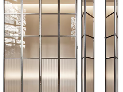 Modern Folding Doors With Ribbed Glass Panels And Silver Metal Frame For Interior Design 3d model