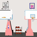 Basketball Court With Pink Hoops NBA Logo Digital Scoreboards Timer And Ball Rack