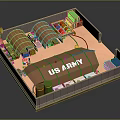 Cartoon US Army Military Camp Scene With Brown Tents Green Crates Yellow Barrels And Fence