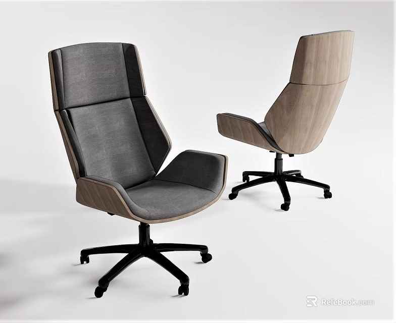 Gray And Wooden Office Chair With Backrest And Black Wheel Base 3d model 