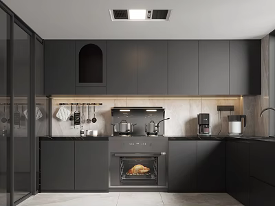 Modern Gray Kitchen Interior With Cabinets Oven And Range Hood 3d model
