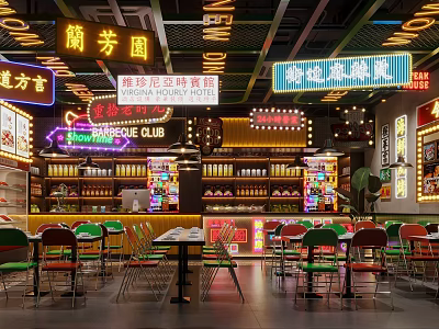 Neon Lit Hot Pot Restaurant Interior With Retro Decor And Colorful Chairs 3d model