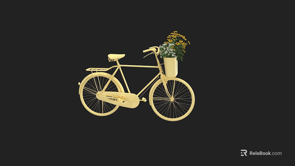 Stylish Yellow Bicycle With Front Basket Filled With Colorful Flowers 3d model 