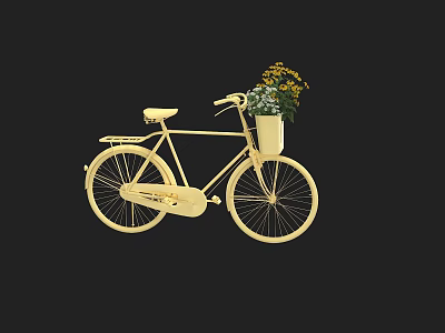 Stylish Yellow Bicycle With Front Basket Filled With Colorful Flowers 3d model