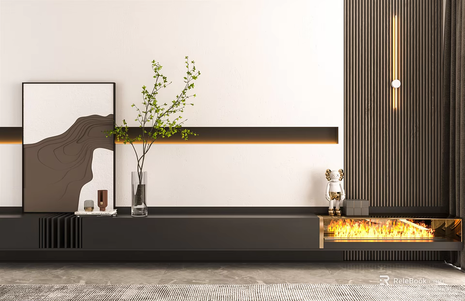 Modern Black TV Stand With Elegant Design Green Plant Vase And Wall Decor Items 3d model 
