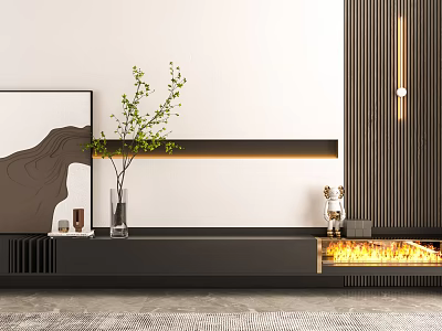 Modern Black TV Stand With Elegant Design Green Plant Vase And Wall Decor Items 3d model
