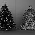 Decorated Green And White Trees With Gold Balls Ribbons And Woven Design