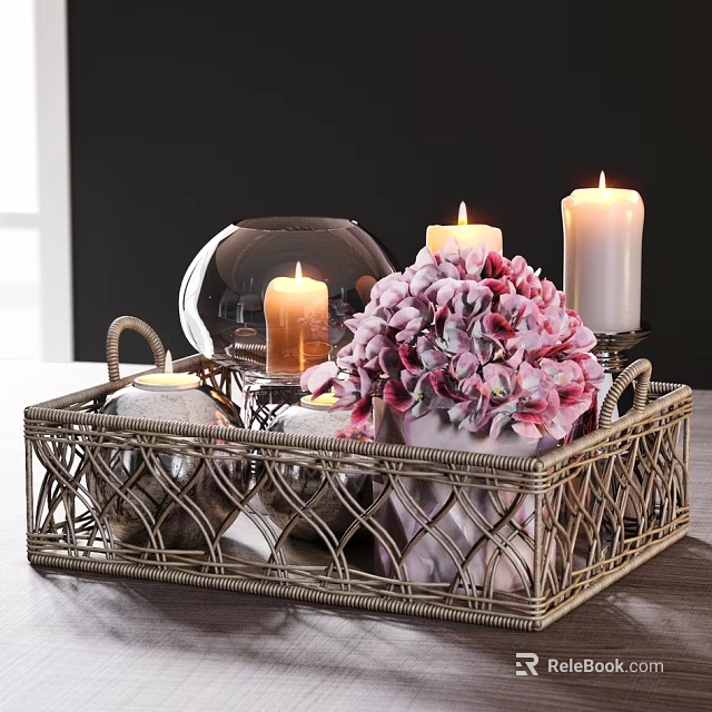 Decorative Ornament Set with Wicker Basket Pink Hydrangea Candles and Glass Dome Vase 3d model 