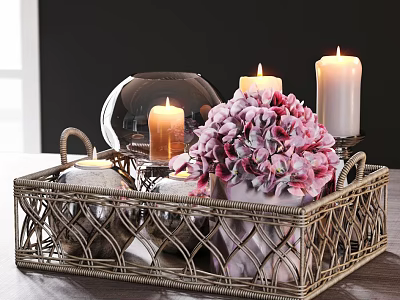 Decorative Ornament Set with Wicker Basket Pink Hydrangea Candles and Glass Dome Vase 3d model