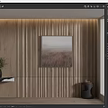 Wooden Vertical Slat Background Wall with Landscape Painting Vase Plant Shelf and Side Table Decor