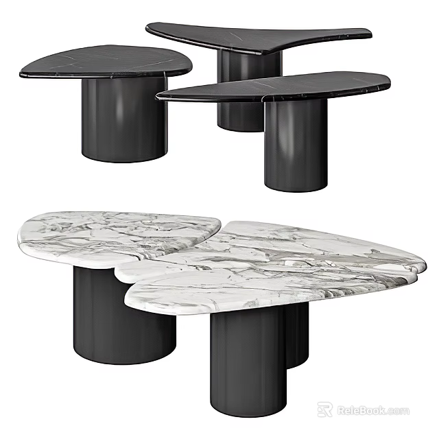 Modern Irregular Coffee Tables With Marble Top And Black Cylindrical Base 3d model 