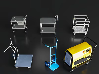 Various Utility Carts and Trolleys Featuring Different Designs Colors and Metal Frames 3d model