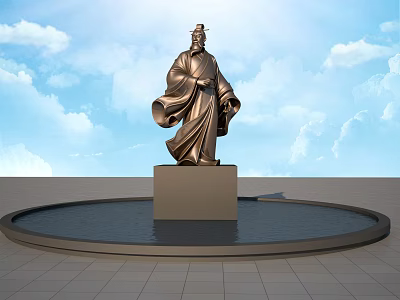 Ancient Figure Bronze Sculpture On Square Pedestal With Circular Water Pool And Blue Sky Background 3d model