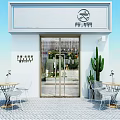 Modern Milk Tea Shop Open Layout with Bar Counter Tables Chairs Cup Decorations on Wall