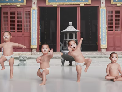 Men Doing Various Actions In Front Of Traditional Chinese Structure 3d model