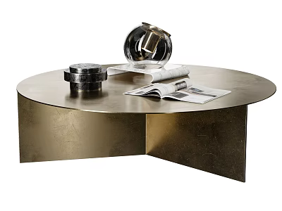 Modern Round Brass Coffee Table With Geometric Base Glass Decor And Open Magazine 3d model