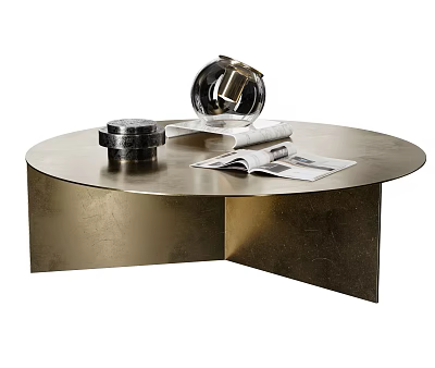 Modern Round Brass Coffee Table With Geometric Base Glass Decor And Open Magazine 3d model