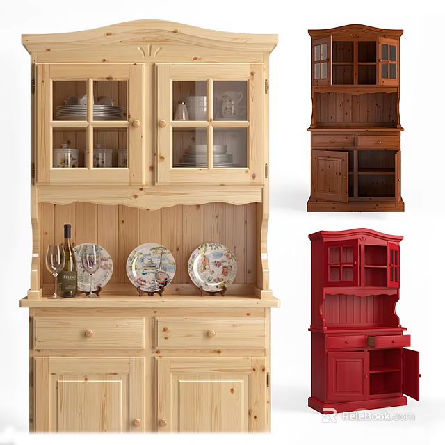 Wooden And Red Sideboard With Glass Doors Drawers For Display Plates And Wine Bottles 3d model 