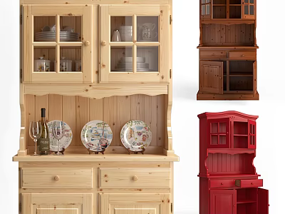 Wooden And Red Sideboard With Glass Doors Drawers For Display Plates And Wine Bottles 3d model