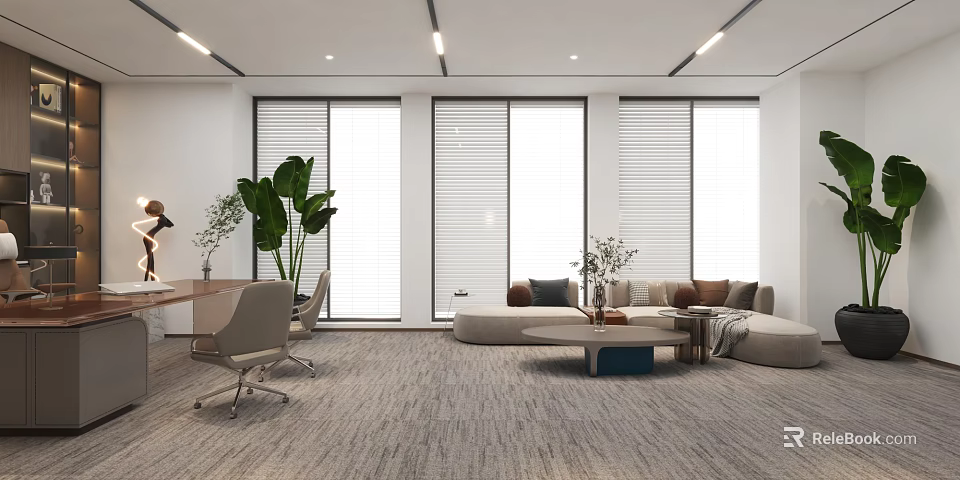 Modern Office Interior Design Featuring Large Windows Blinds Desk Chairs Sofa Area And Plants 3d model