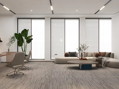 Modern Office Interior Design Featuring Large Windows Blinds Desk Chairs Sofa Area And Plants 3d model