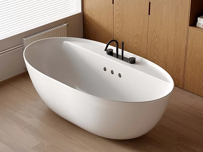 White Oval Shaped Bathtub With Black Faucet And Wooden Cabinets Near Window 3d model