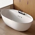 White Oval Shaped Bathtub With Black Faucet And Wooden Cabinets Near Window