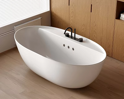 White Oval Shaped Bathtub With Black Faucet And Wooden Cabinets Near Window 3d model