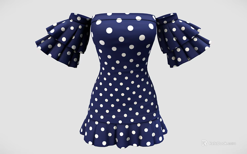 Navy Blue White Polka Dot Dress Off Shoulder Design With Ruffled Sleeves And Hem 3d model 