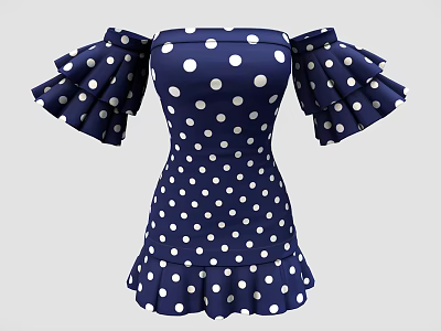 Navy Blue White Polka Dot Dress Off Shoulder Design With Ruffled Sleeves And Hem 3d model